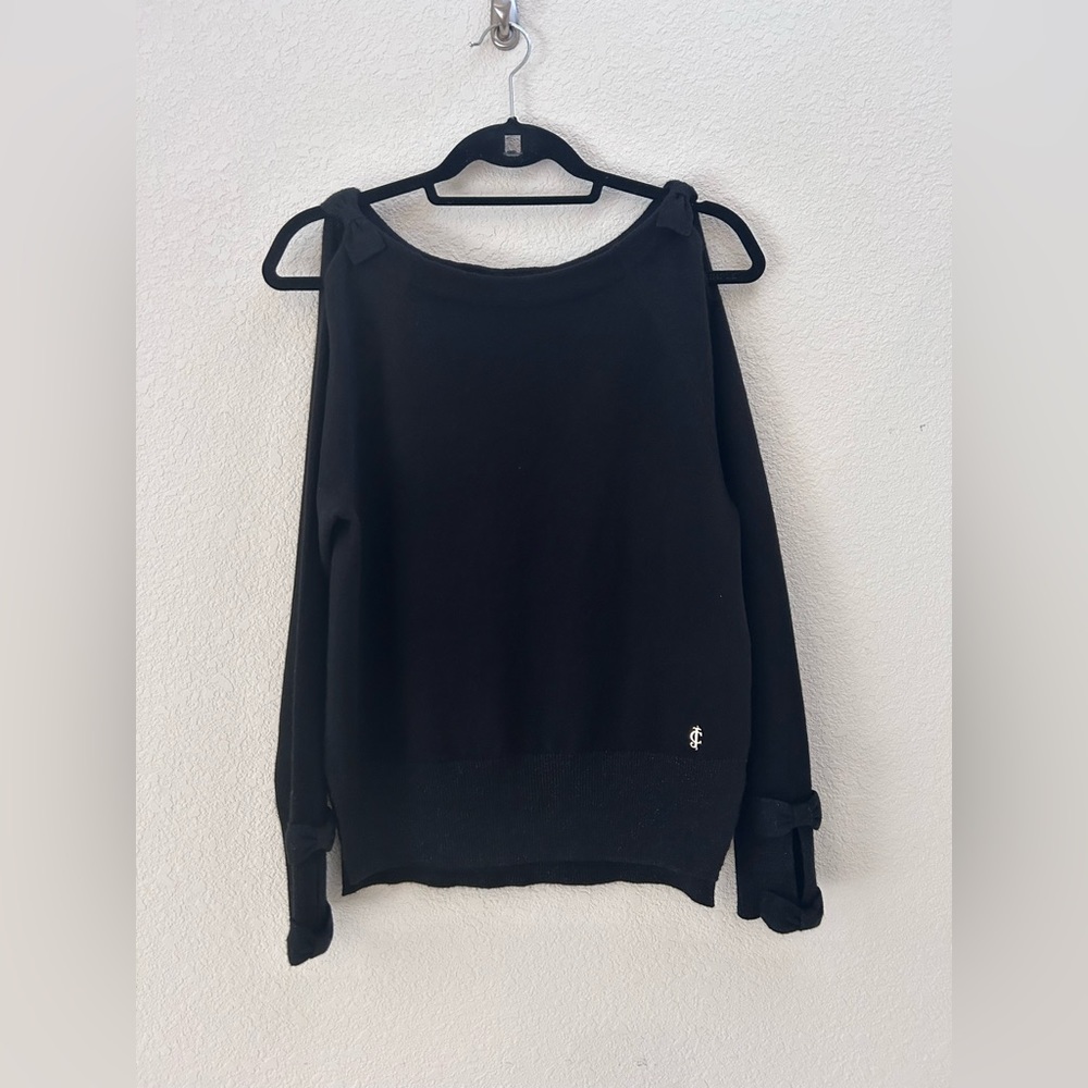 Juicy Couture Black Bow Cold Shoulder Sparkle Cashmere Sweater Size XS